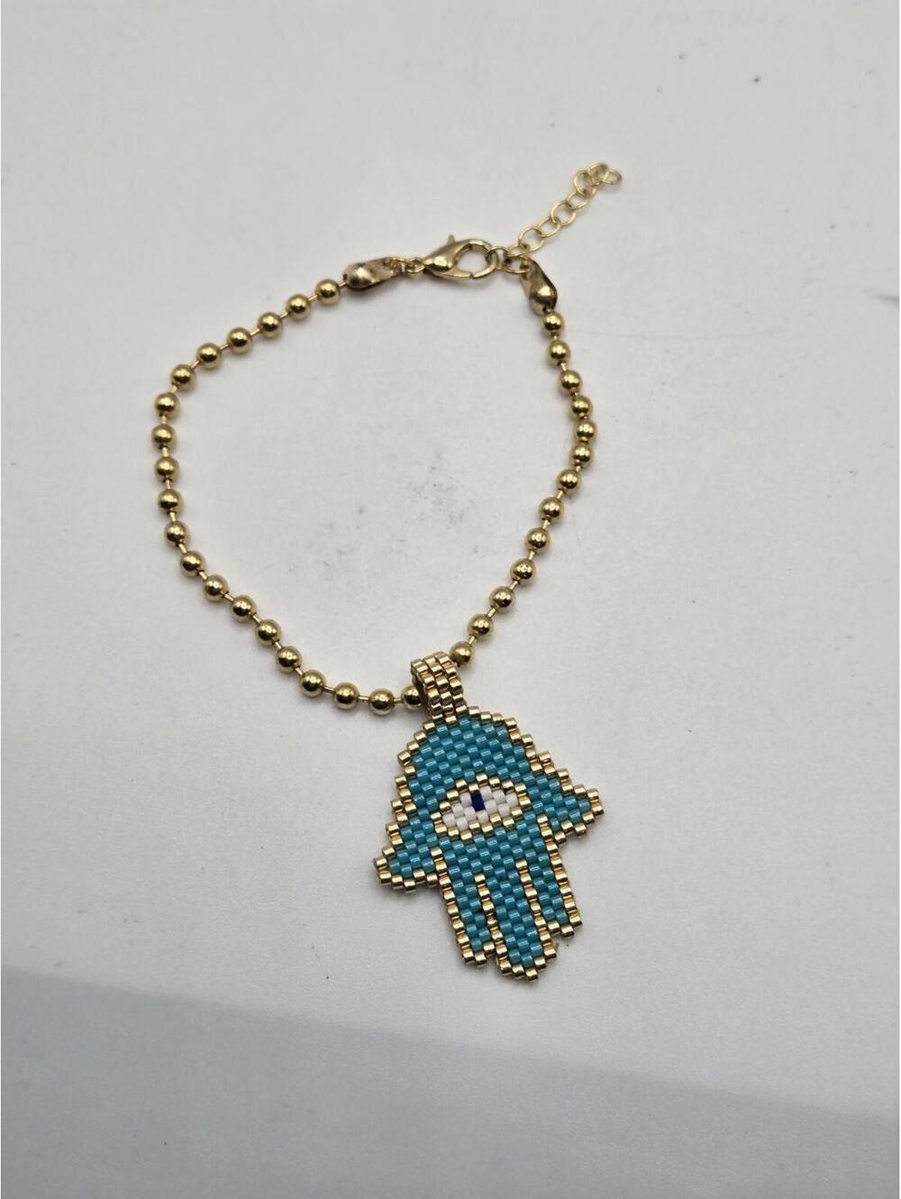 Handmade Miyuki Seed Bead Hamsa Hand Evil Eye Bracelet Turquoise Gold Tone Ball